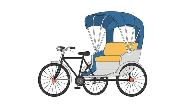 Detailed vector illustration of a traditional hand-pulled bicycle rickshaw with a blue canopy and yellow seats.