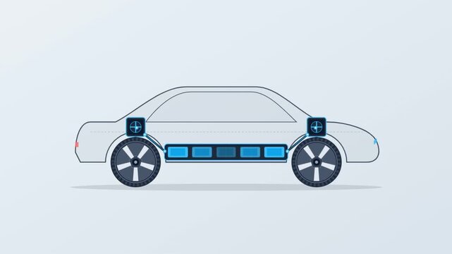 Animated electric vehicle chassis showing battery and suspension system