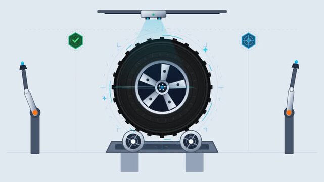 Automated tire and wheel inspection animation inside modern factory setting