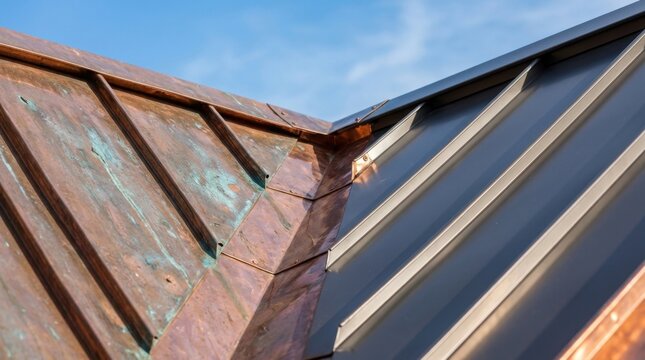 Weathered copper and grey metal roofing sections meeting at corner under clear blue sky detail.