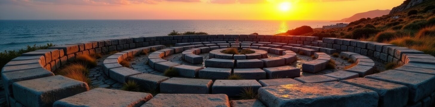 Ancient stone labyrinth near ocean, sunrise light , meditation, coastal