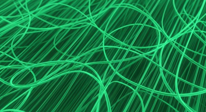 Bright green tangled plastic filaments and parallel strands, abstract texture