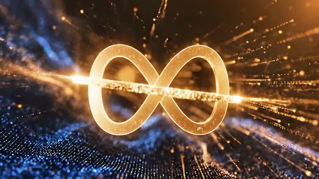 Golden infinity symbol formed by glowing digital particles.