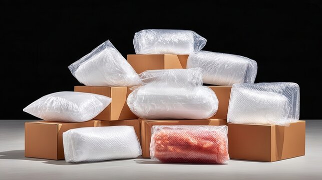 Bubble wrapped items stacked on brown cardboard boxes with one red wrapped package visible, packaging and shipping materials