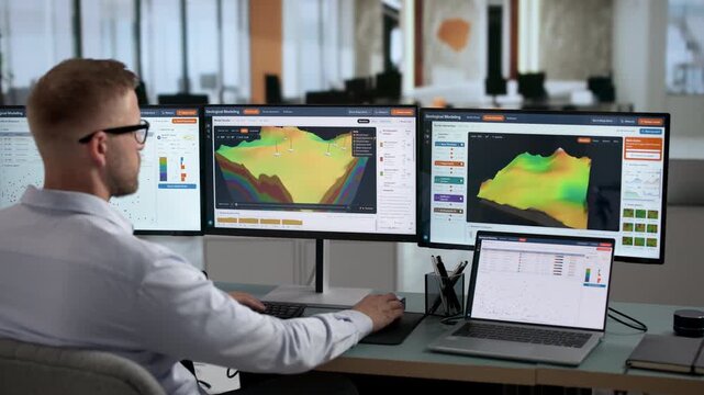 Geologist Analyzing 3D Subsurface Models On Laptop