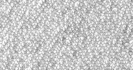 Black hand drawn loop scales texture, continuous fish scale doodle pattern, abstract curved line ornament background © Dynamo Art