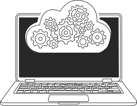 Professional black line art of a single open laptop with a cloud above the screen and small interlocking gear symbols integrated into the cloud