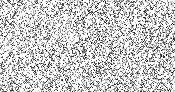 Black hand drawn loop scales texture, continuous fish scale doodle pattern, abstract curved line ornament background