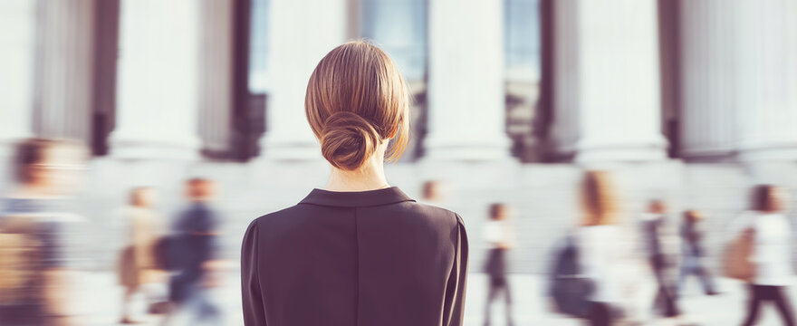 Businesswoman contemplating a path towards justice or a corporate future, standing out in a dynamic urban environment