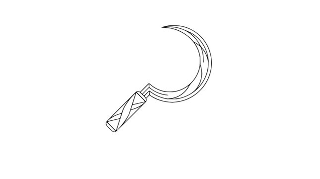 Traditional hand sickle tool for harvesting crops line drawing isolated on white background
