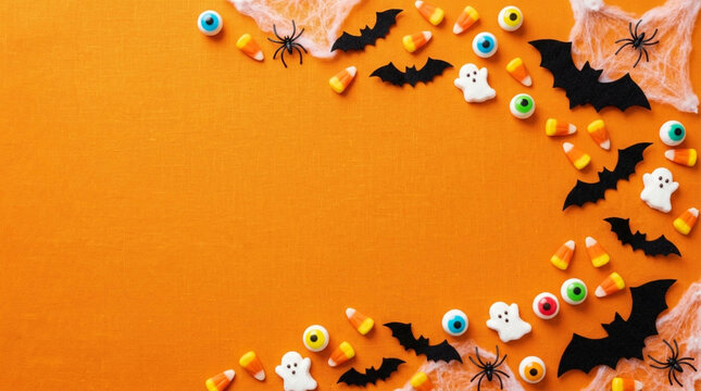 Happy Halloween flat lay with candy, bats, spiders, ghosts, and cobwebs on orange background.