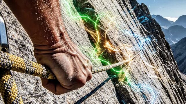 Hand gripping climbing rope with magical energy on rock face
