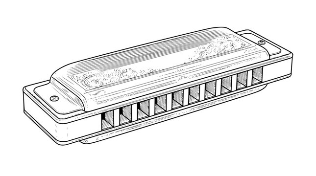 Musical Harmonica Instrument Detailed Line Art Drawing Illustration