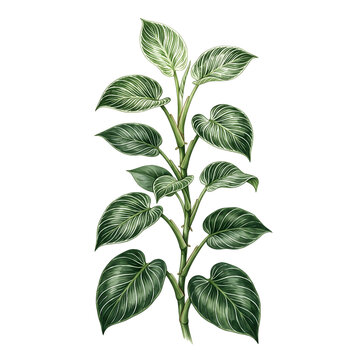 Watercolor philodendron birkin isolated single branch