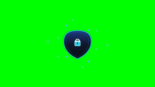 A professional  motion graphic featuring a large digital shield with a padlock icon, security scanning lines, network nodes, and data particles over 