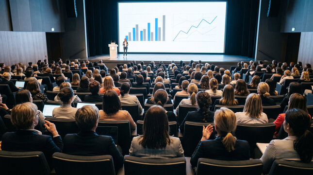 Crowd of business people watching presentation on large screen in auditorium