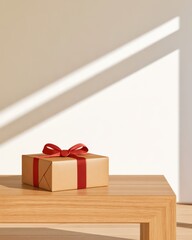 Fototapeta premium Gift box wrapped in brown paper with red ribbon and bow resting on light oak wooden table under diagonal sunlight, holiday gift presentation