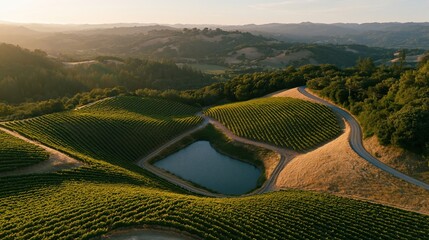 Fototapeta premium The Vineyard Landscape at Sunset Over Rolling Hills and Winding Road