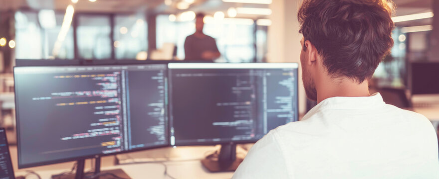 Developer writing code on dual screens in a modern tech office, focusing on software development and programming