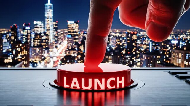Hand pressing red launch button over city skyline.