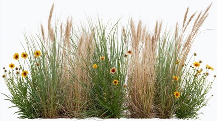 Fototapeta premium Clump of tall ornamental grasses with feathery plumes and yellow flowers isolated on white