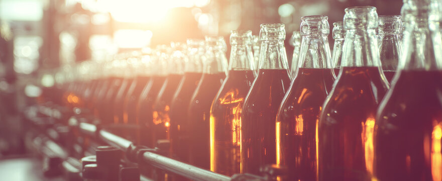 Filled bottles on an assembly line, representing industrial processing, automated manufacturing, and food and drink industry