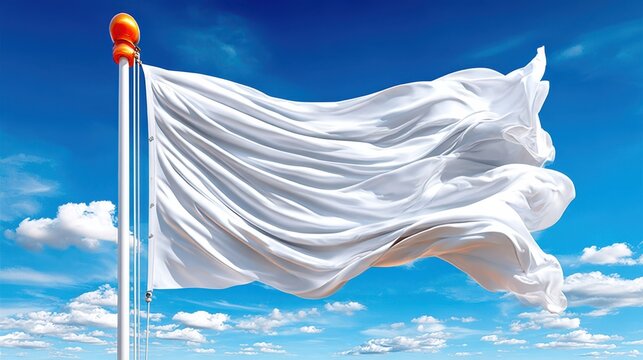 White flag waving in strong wind from tall pole with orange finial against blue sky with scattered clouds, symbolizing truce or surrender