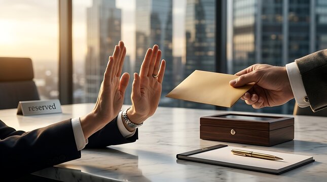 Ethical Businessman Refusing a Bribe or Illegal Money in Gold Envelope, Making a Stop Gesture with Hands, Concept of Anti-Corruption, Integrity, and Corporate Governance in Modern Office Setting
