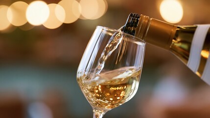 Fototapeta premium White wine being poured from a gold-labeled bottle into a clear glass at a dimly lit indoor setting