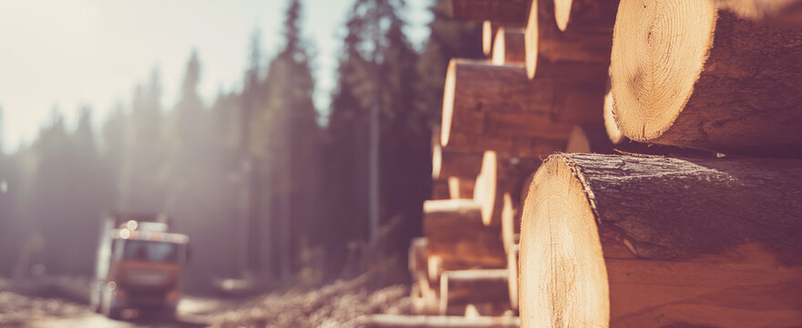 Logging industry transport with fresh cut timber logs stacked by a forest road, blurry truck moving
