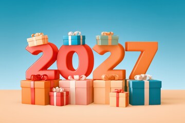 Fototapeta premium Stacked gift boxes in pastel and bold colors surrounding large 2027 numerals, celebration concept