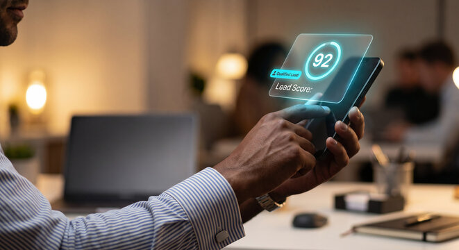 Hand holding smartphone with lead scoring qualification hologram, glowing score number and qualified badge, enterprise CRM sales lead management technology concept