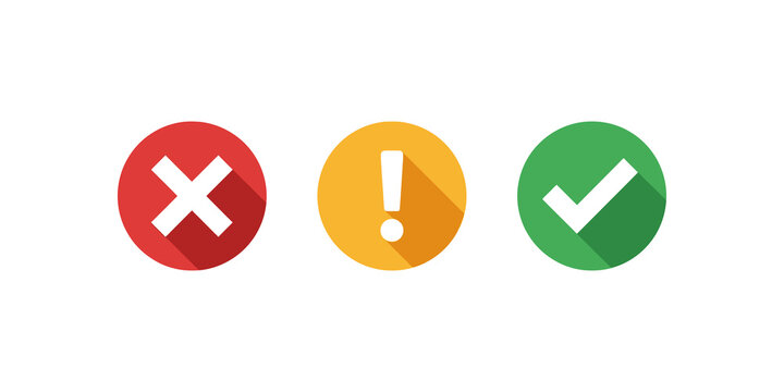 Warning and confirmation icons with red cross, yellow exclamation, green check.