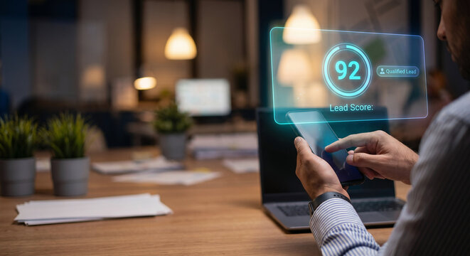 Hand holding smartphone with lead scoring qualification hologram, glowing score number and qualified badge, enterprise CRM sales lead management technology concept