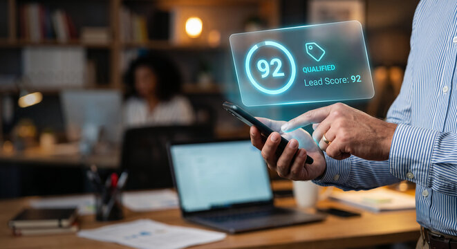 Hand holding smartphone with lead scoring qualification hologram, glowing score number and qualified badge, enterprise CRM sales lead management technology concept