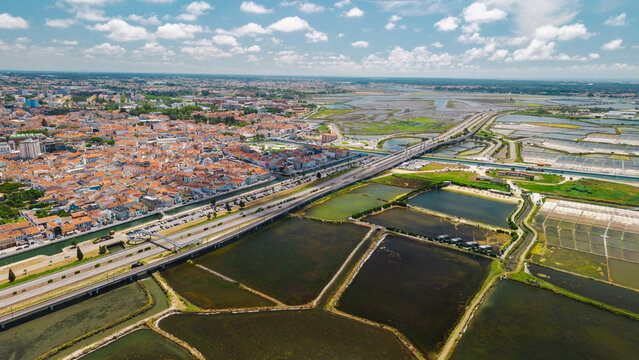 Aerial View of Aveiro Salt Pans and Cityscape in Portugal