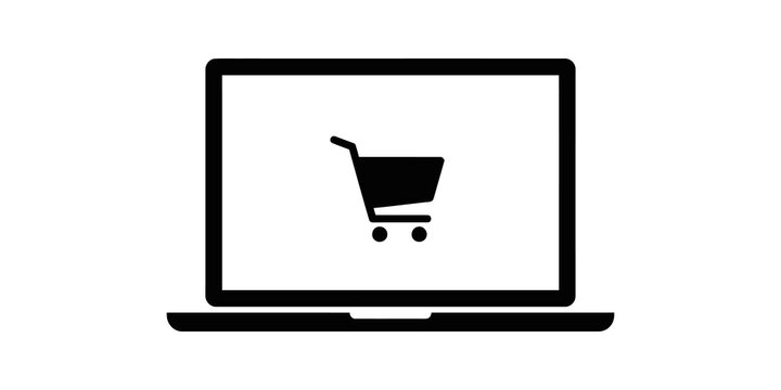 Laptop computer with shopping cart icon for online shopping and e-commerce.