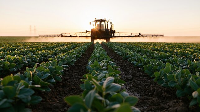 The tractor spraying crops under a golden sunset over a vast field