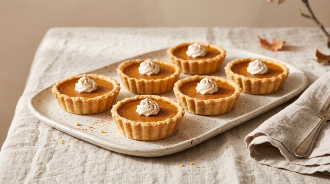 Mini Pumpkin Custard Tarts with Golden Pastry Shells and Whipped Cream for Thanksgiving Party