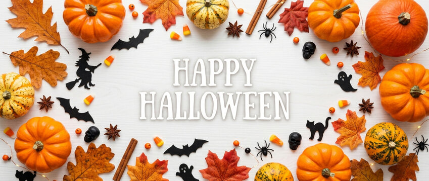 Happy Halloween Festive Border With Pumpkins, Autumn Leaves, Bats & Spiders