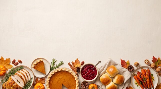 Thanksgiving Food Bottom Border with Turkey Pumpkin Pie Cranberries and Large Beige Copy Space