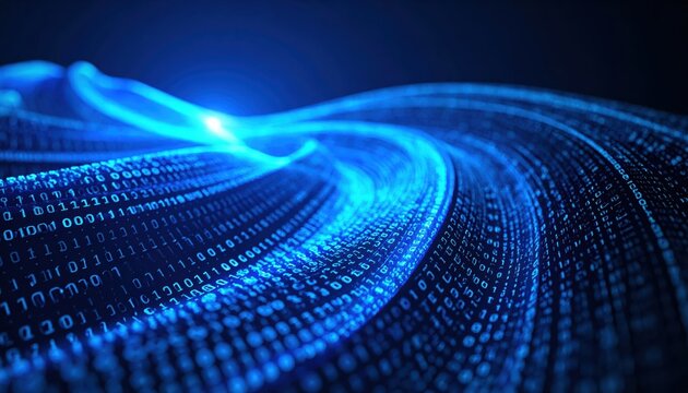 Futuristic Digital Wave with Binary Code in Blue Light Representing Technology and Data Flow Concepts