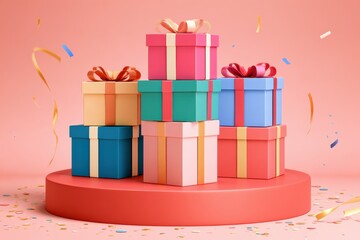 Fototapeta premium Colorful gift boxes with ribbons stacked on red podium surrounded by falling confetti and streamers, holiday celebration display