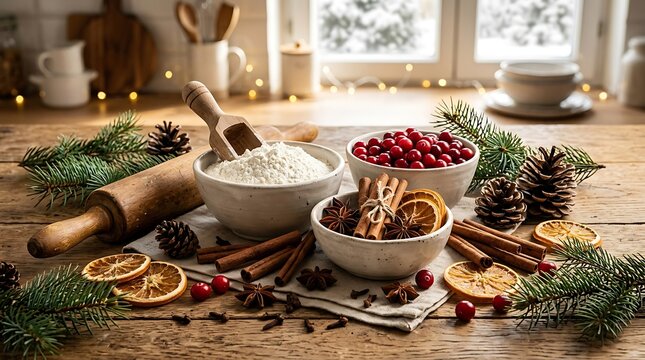 Christmas baking ingredients with flour cranberries and cinnamon sticks.