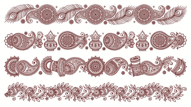 Indian Mehndi Henna Paisley Mandala Vector Frame Border Elements