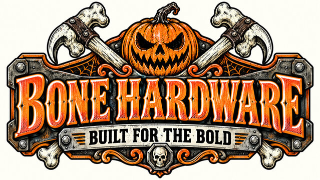 Bone Hardware Built for the Bold Hammers Bolts Skull, Gothic Spooky Badge, Dark Holiday Artwork, Seasonal Horror Design, Orange Halloween Graphic