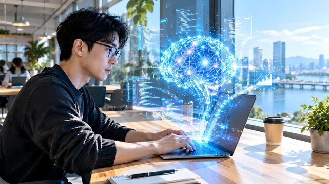 Generative AI illustration of programmer using laptop with futuristic artificial intelligence coding hologram interface floating in air
