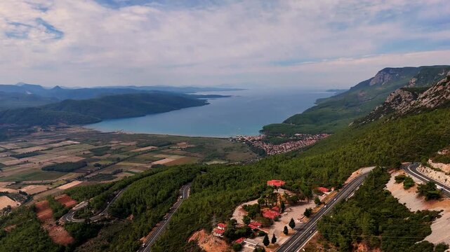 Aerial View of Akyaka Coastal Town and Azmak River in Mugla Turkey