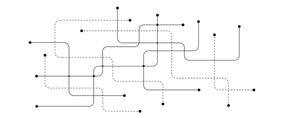 Obraz premium Minimalist vector network diagram, abstract circuit lines and connection nodes graphic, digital data flow infographic background illustration