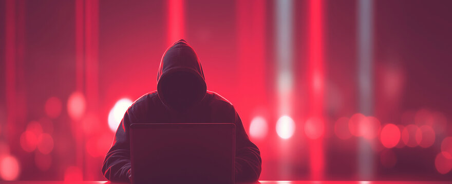 Hooded figure working on a laptop, engaging in cybercrime and data breach under red glow, depicting digital threat